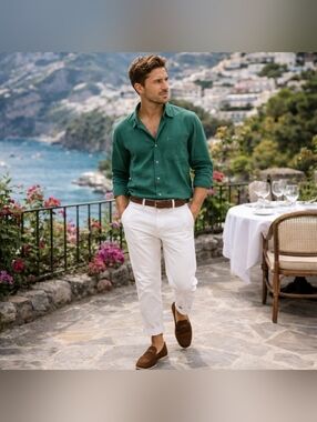 Daniel Bessi Men's Green Dress Shirt with Blue Trim, Slim Fit, S EUC